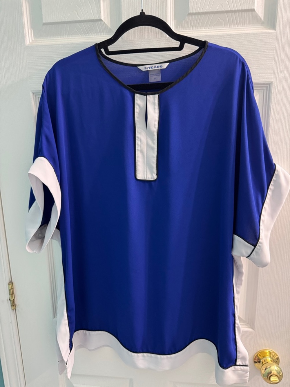 Royal Blue Short-Sleeve Blouse with White Contrast Trim